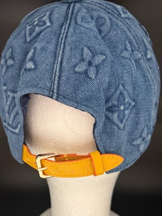 Blue Monogram Embossed Denim Baseball Cap Adjustable Designer Style Hat